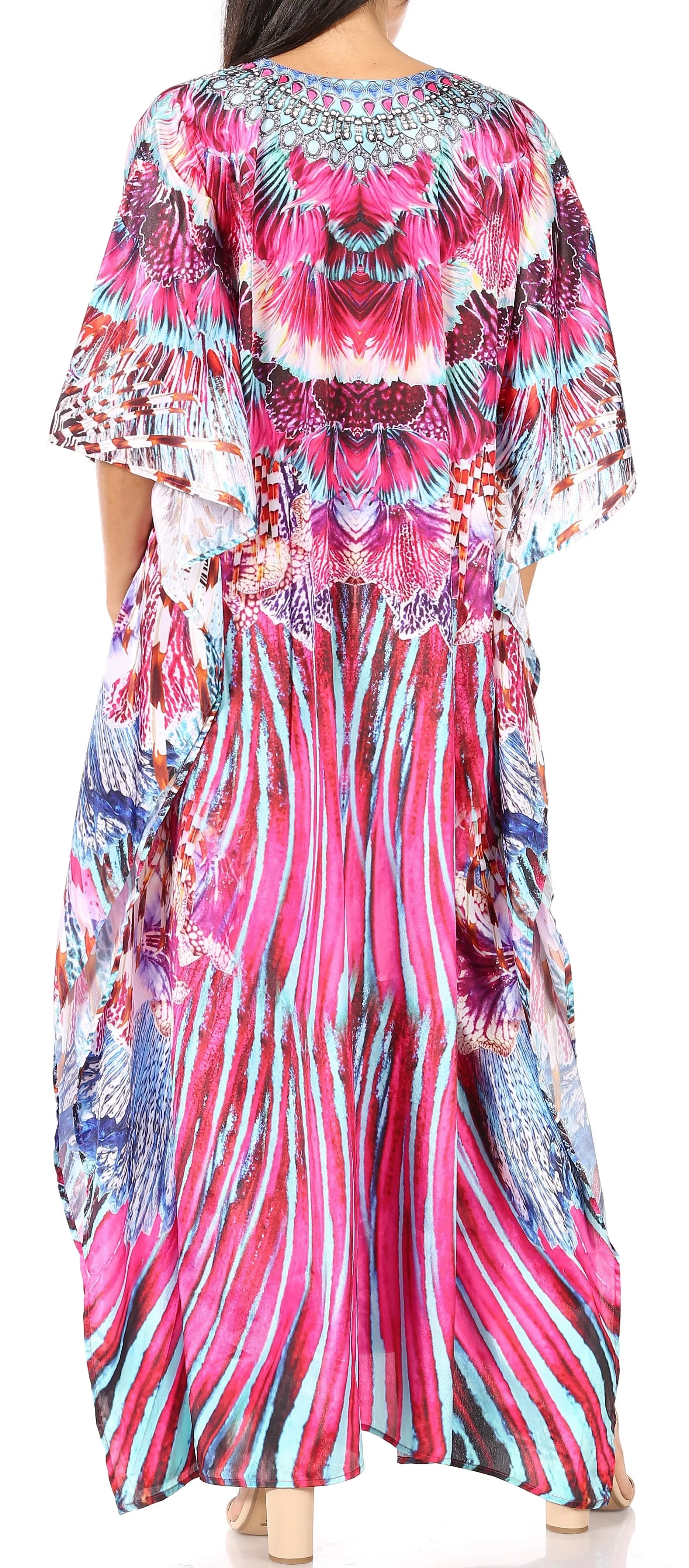 Sakkas Georgettina Flowy Rhinestone V Neck Long Caftan Dress/Cover Up