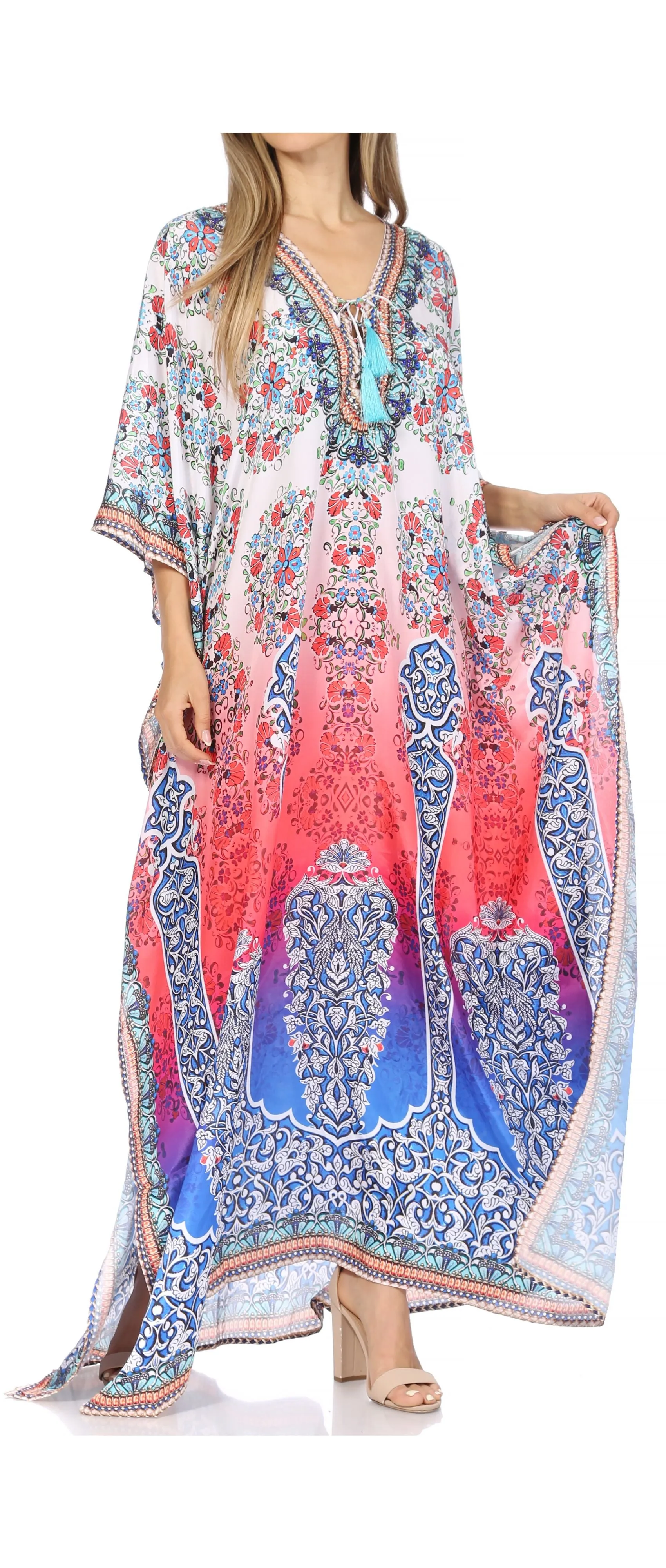 Sakkas Georgettina Flowy Rhinestone V Neck Long Caftan Dress/Cover Up