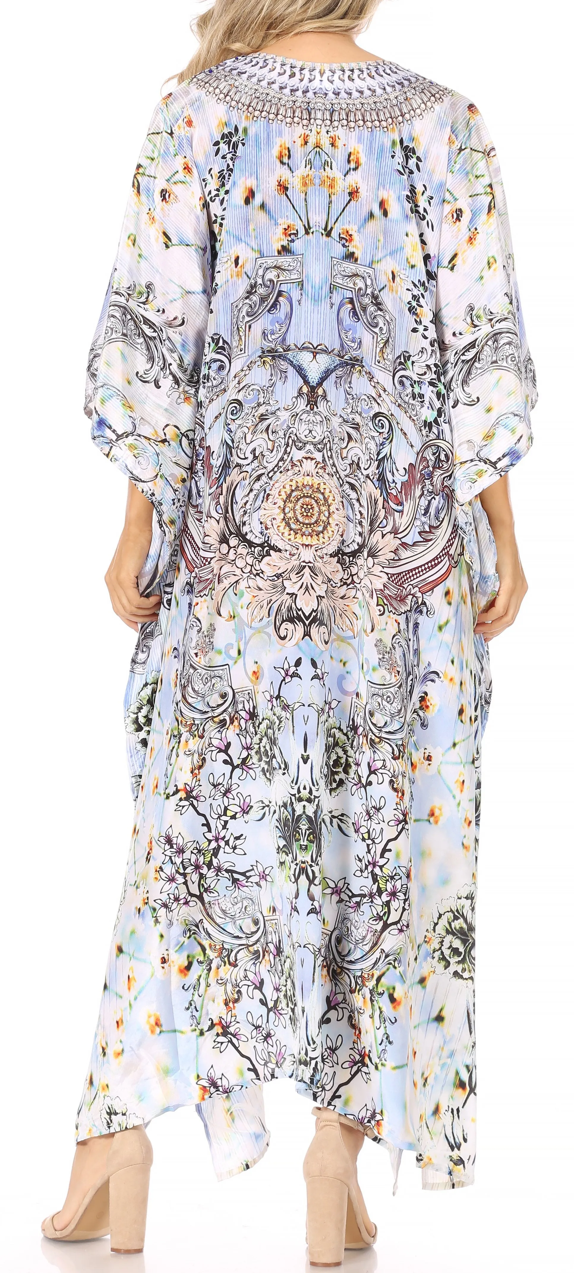 Sakkas Georgettina Flowy Rhinestone V Neck Long Caftan Dress/Cover Up