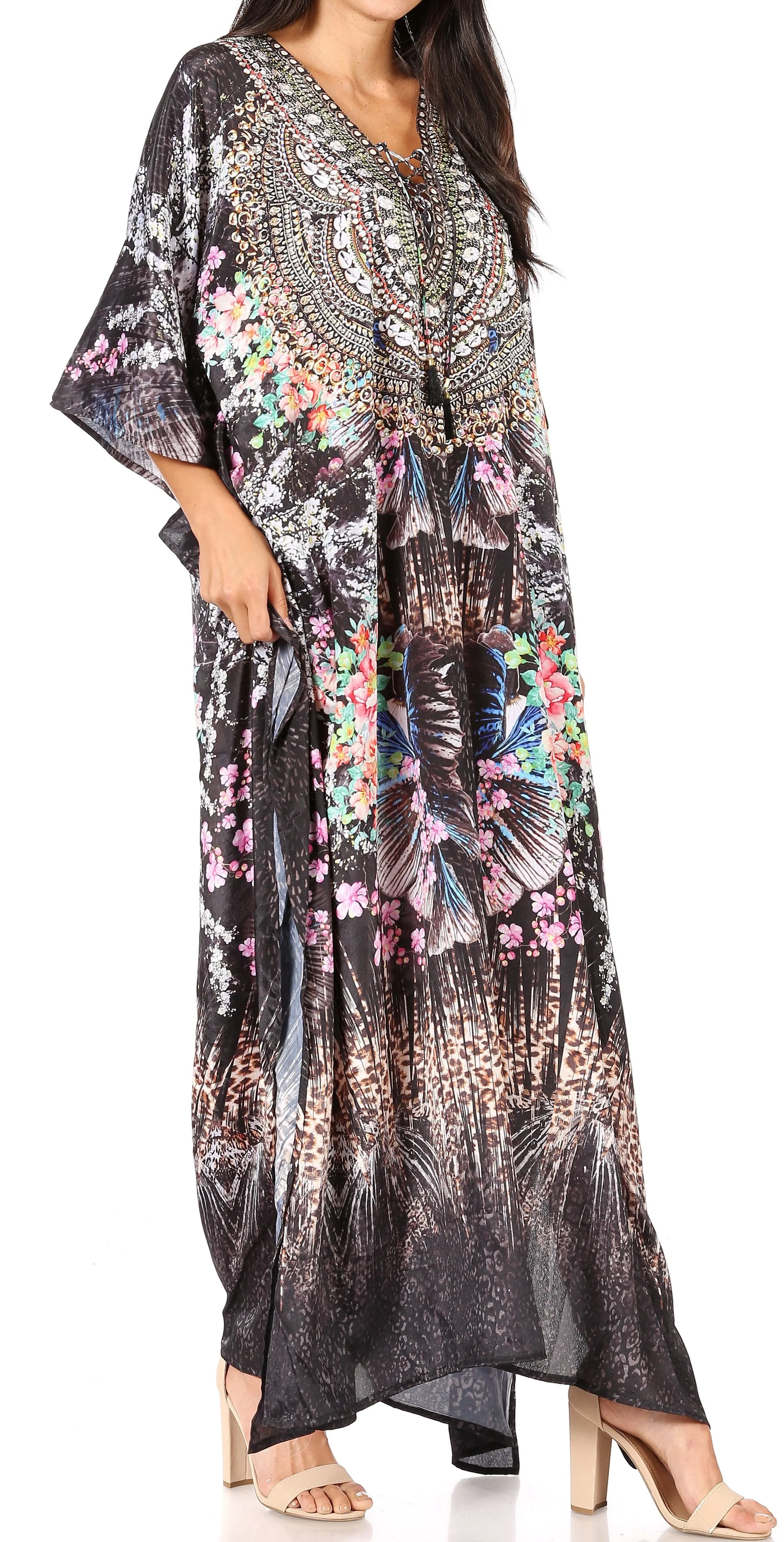 Sakkas Georgettina Flowy Rhinestone V Neck Long Caftan Dress/Cover Up