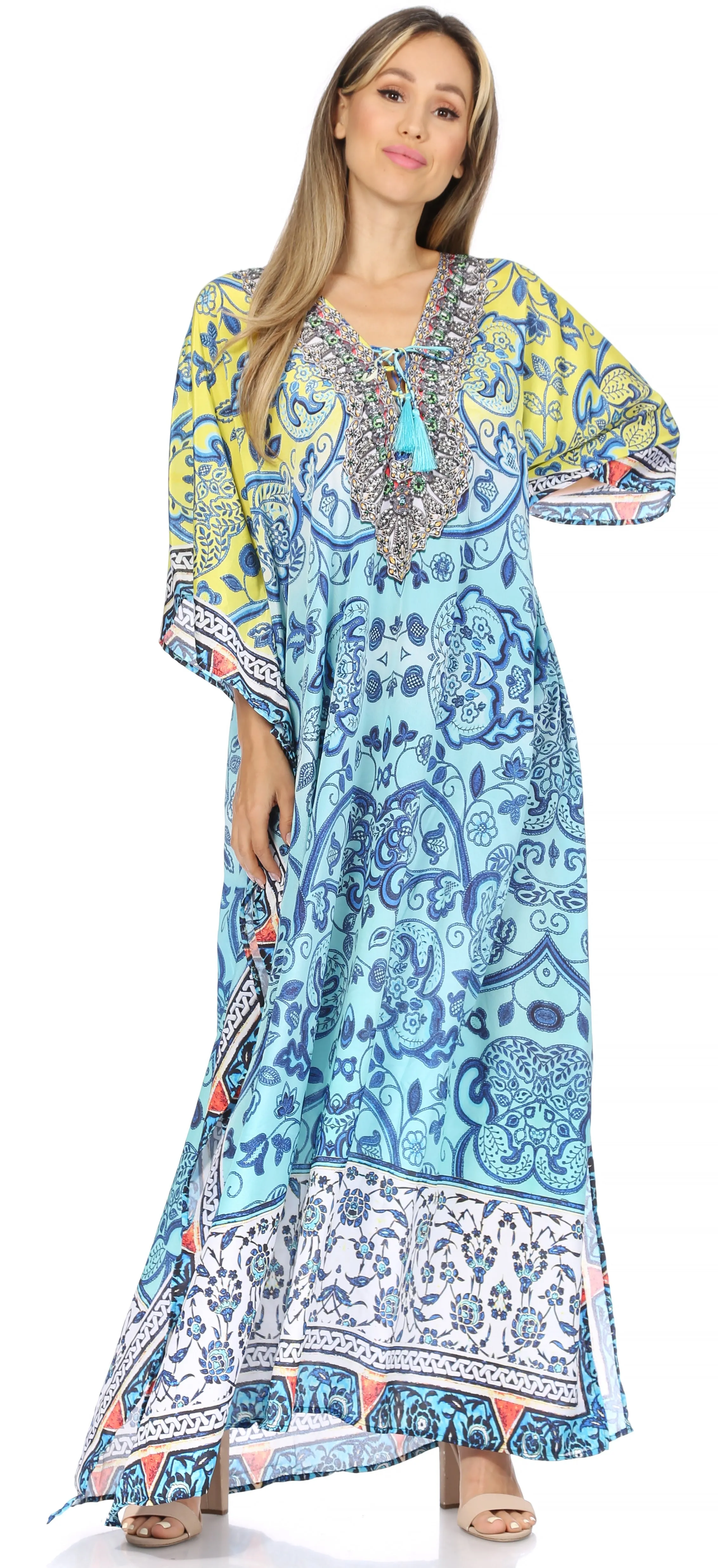 Sakkas Georgettina Flowy Rhinestone V Neck Long Caftan Dress/Cover Up