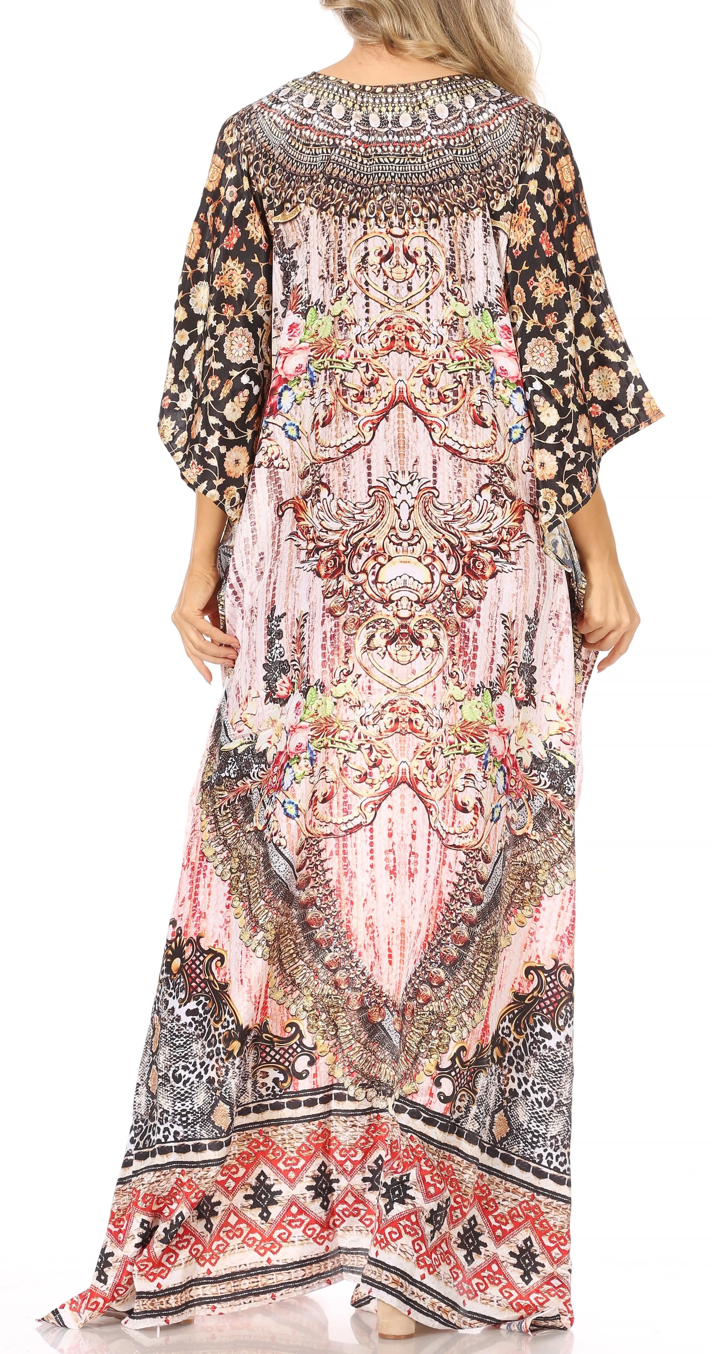 Sakkas Georgettina Flowy Rhinestone V Neck Long Caftan Dress/Cover Up