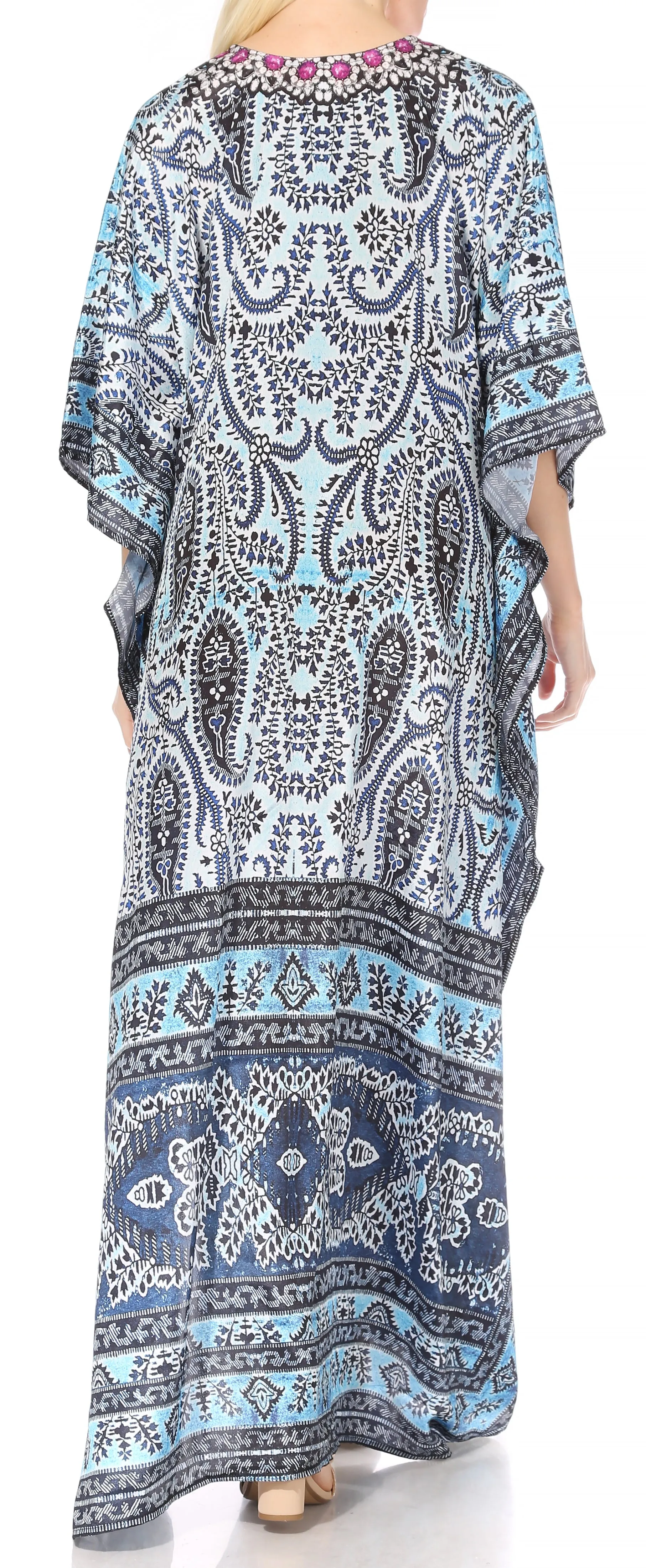 Sakkas Georgettina Flowy Rhinestone V Neck Long Caftan Dress/Cover Up