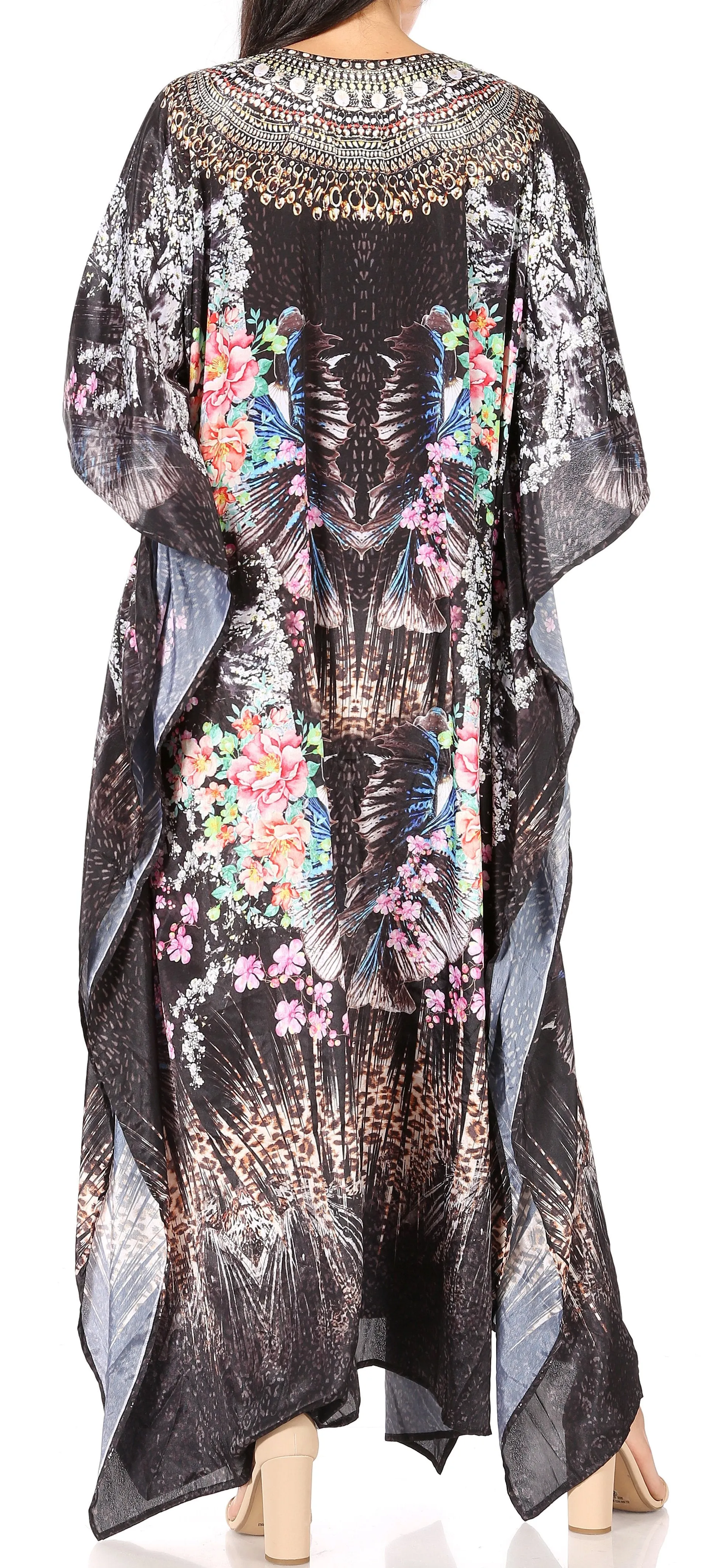 Sakkas Georgettina Flowy Rhinestone V Neck Long Caftan Dress/Cover Up