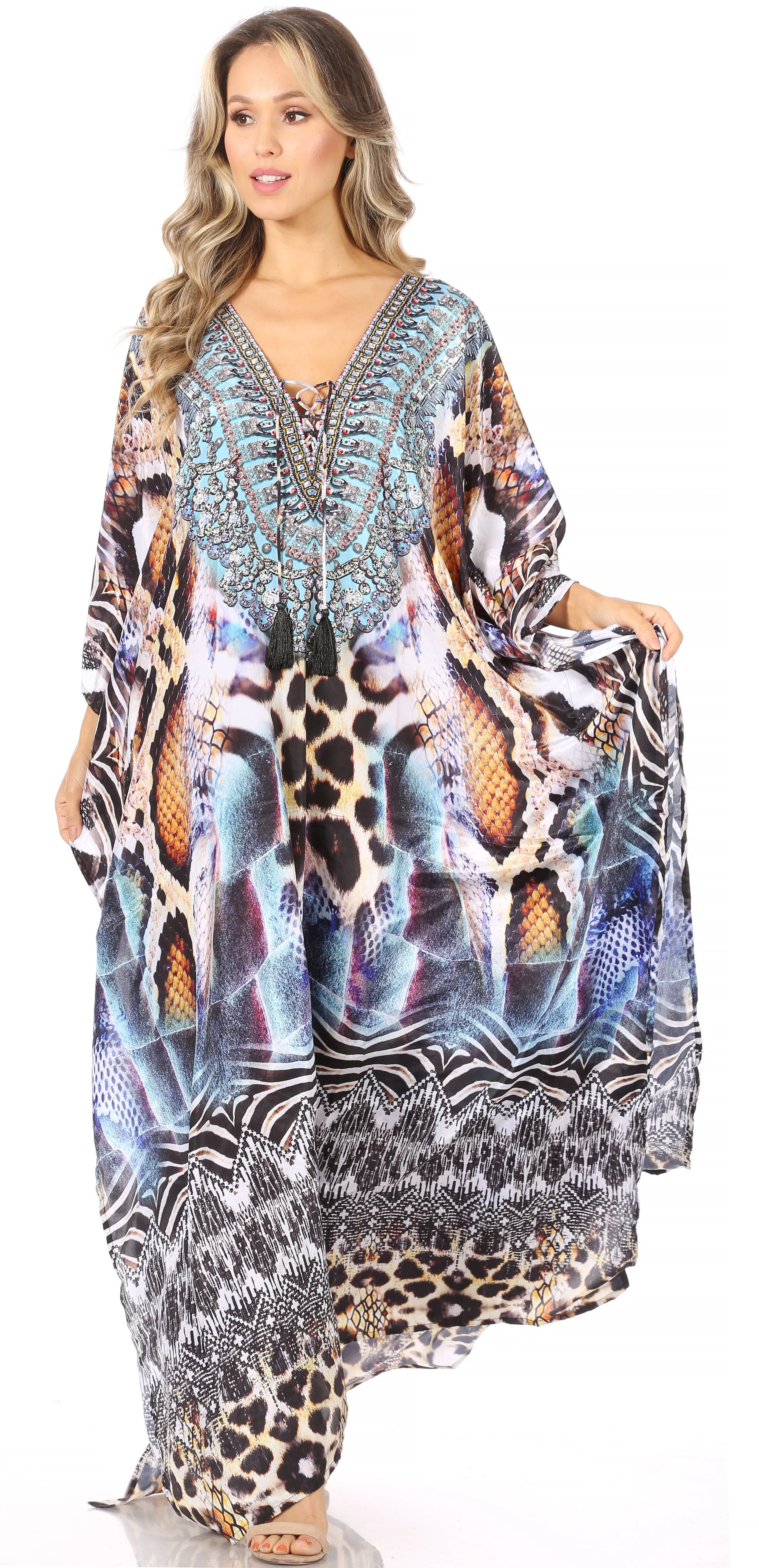 Sakkas Georgettina Flowy Rhinestone V Neck Long Caftan Dress/Cover Up