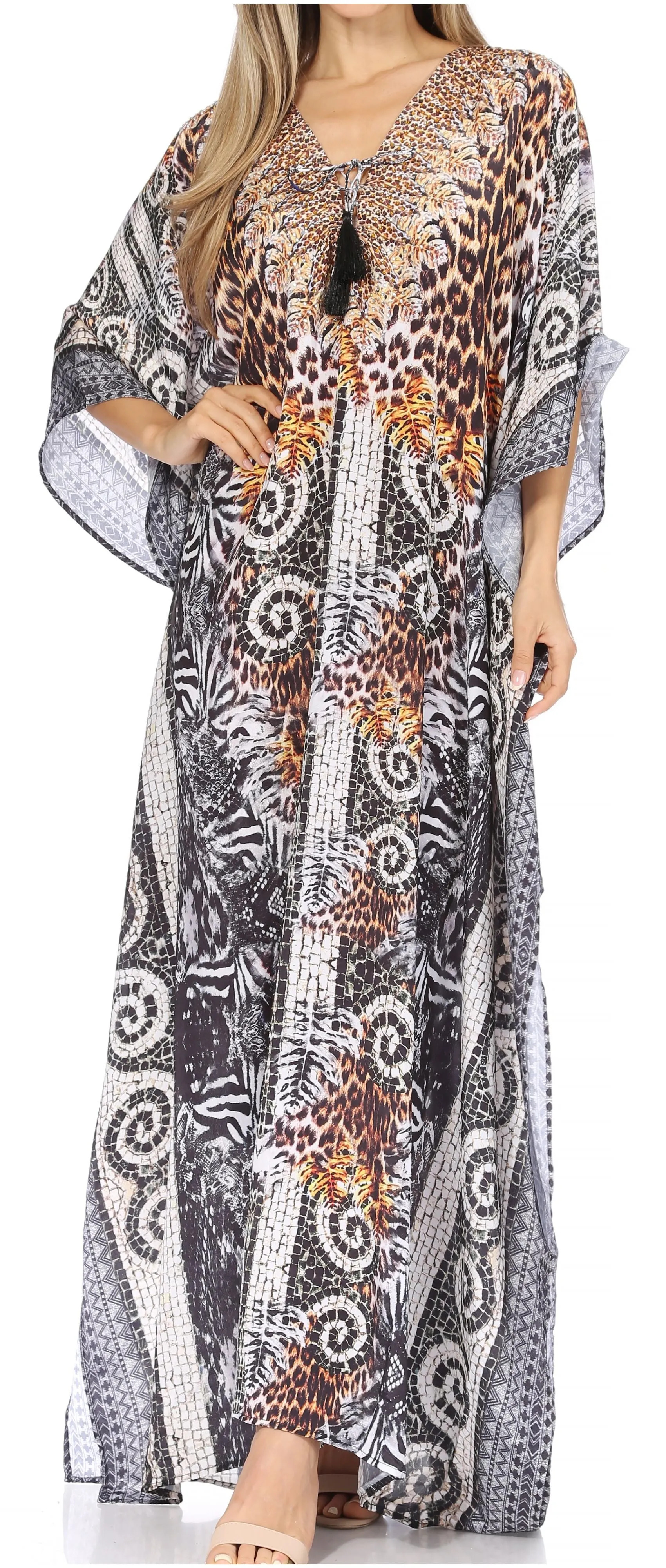 Sakkas Georgettina Flowy Rhinestone V Neck Long Caftan Dress/Cover Up