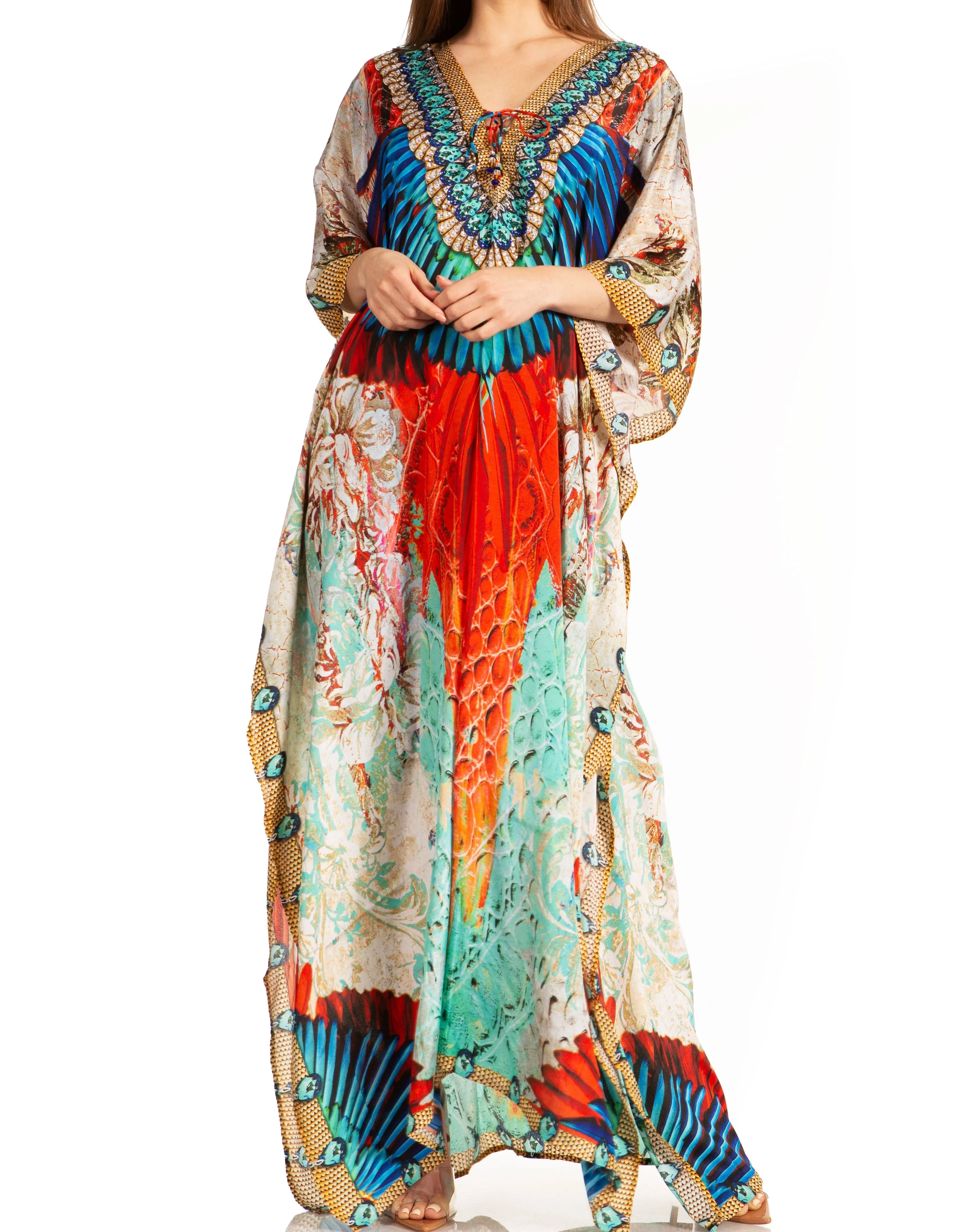 Sakkas Georgettina Flowy Rhinestone V Neck Long Caftan Dress/Cover Up