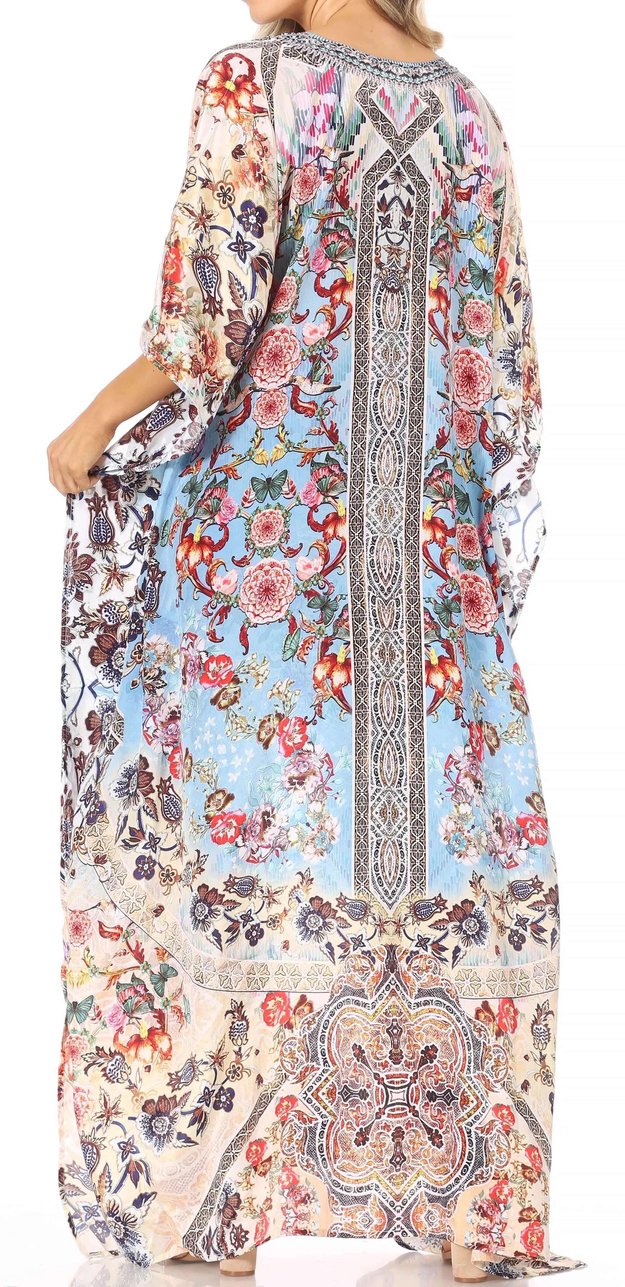 Sakkas Georgettina Flowy Rhinestone V Neck Long Caftan Dress/Cover Up