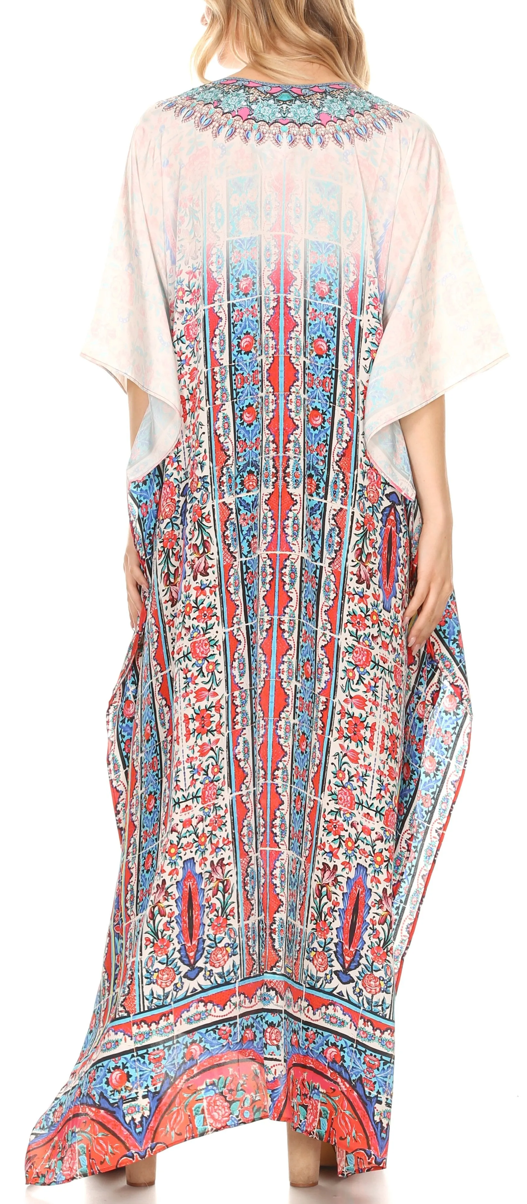 Sakkas Georgettina Flowy Rhinestone V Neck Long Caftan Dress/Cover Up