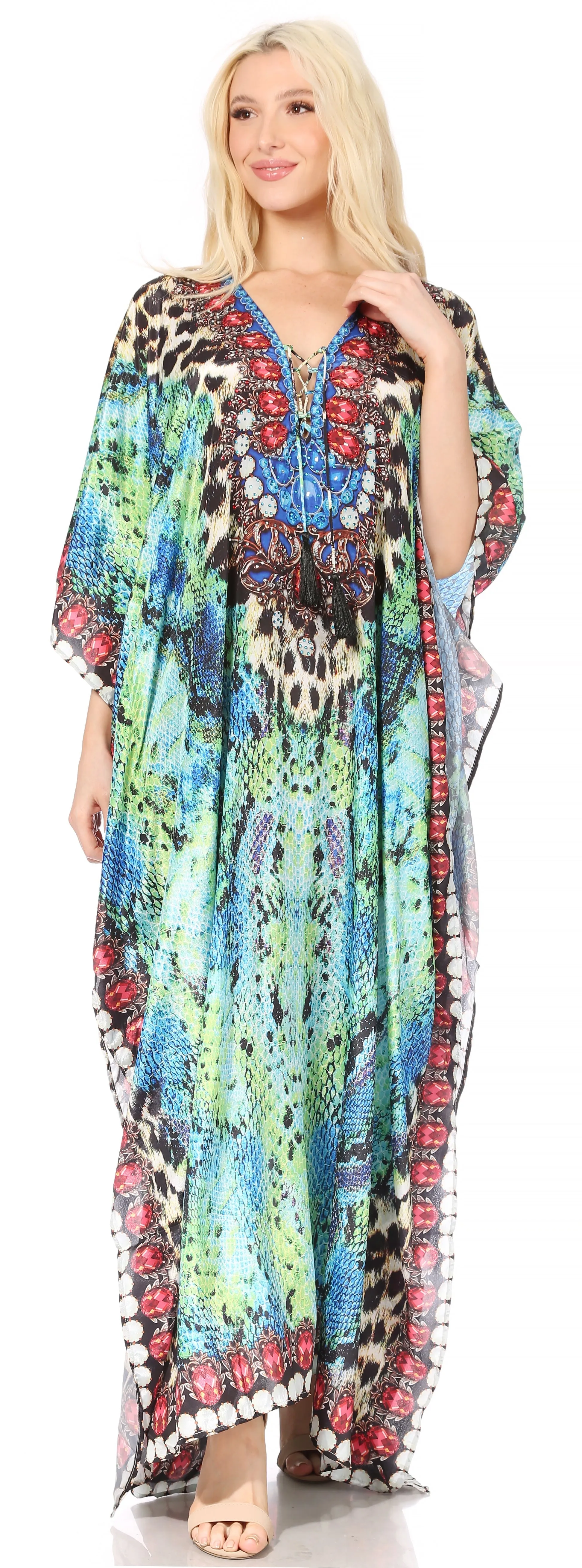 Sakkas Georgettina Flowy Rhinestone V Neck Long Caftan Dress/Cover Up