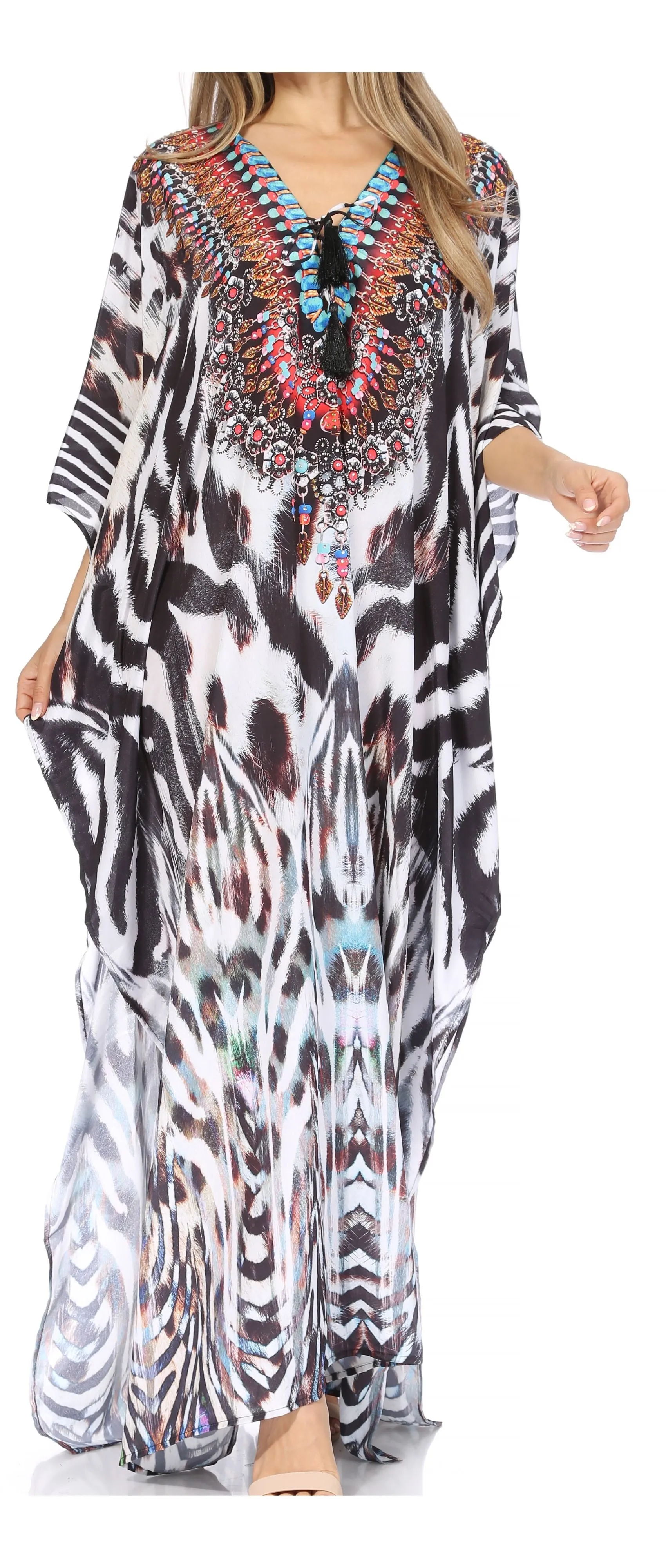 Sakkas Georgettina Flowy Rhinestone V Neck Long Caftan Dress/Cover Up