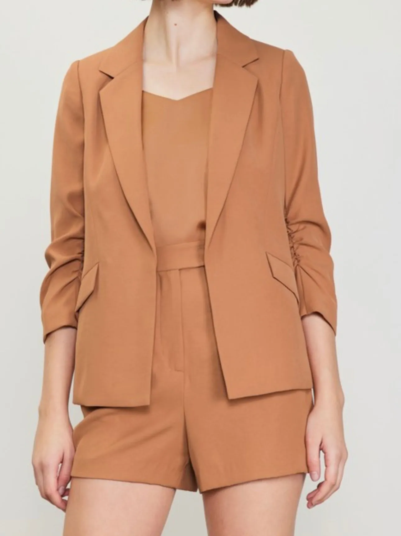 Shirred Sleeve collared Blazer, Hazelnut