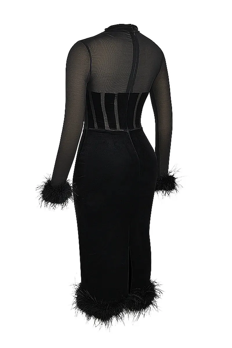 Trendy Velvet Midi Dress with Feather Hem for Holiday Parties