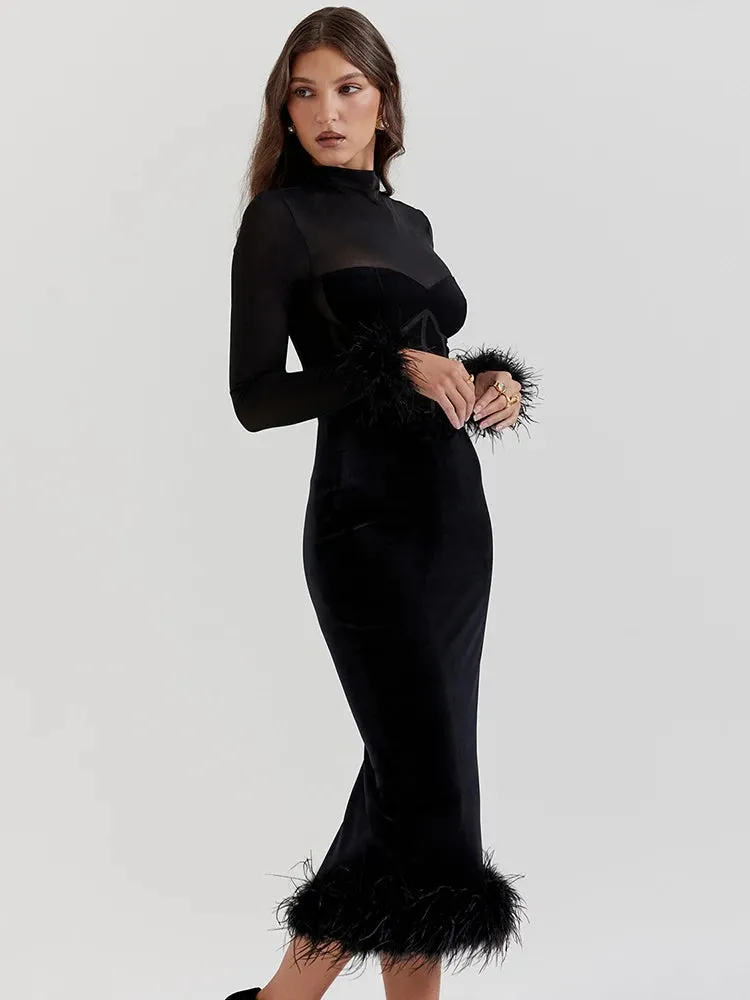 Trendy Velvet Midi Dress with Feather Hem for Holiday Parties