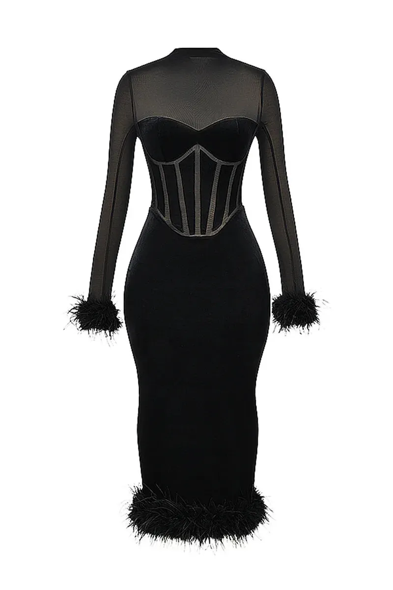 Trendy Velvet Midi Dress with Feather Hem for Holiday Parties