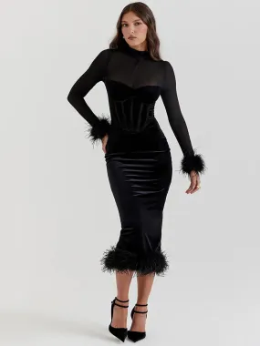 Trendy Velvet Midi Dress with Feather Hem for Holiday Parties