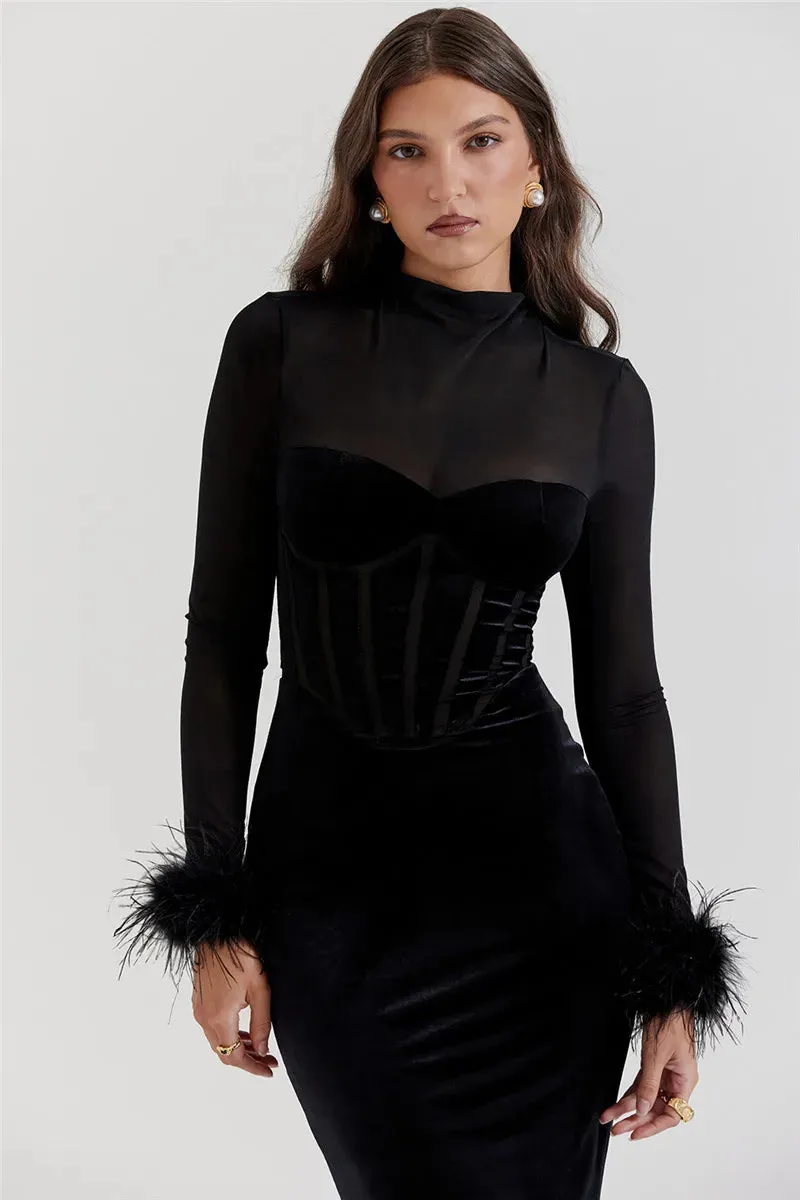 Trendy Velvet Midi Dress with Feather Hem for Holiday Parties