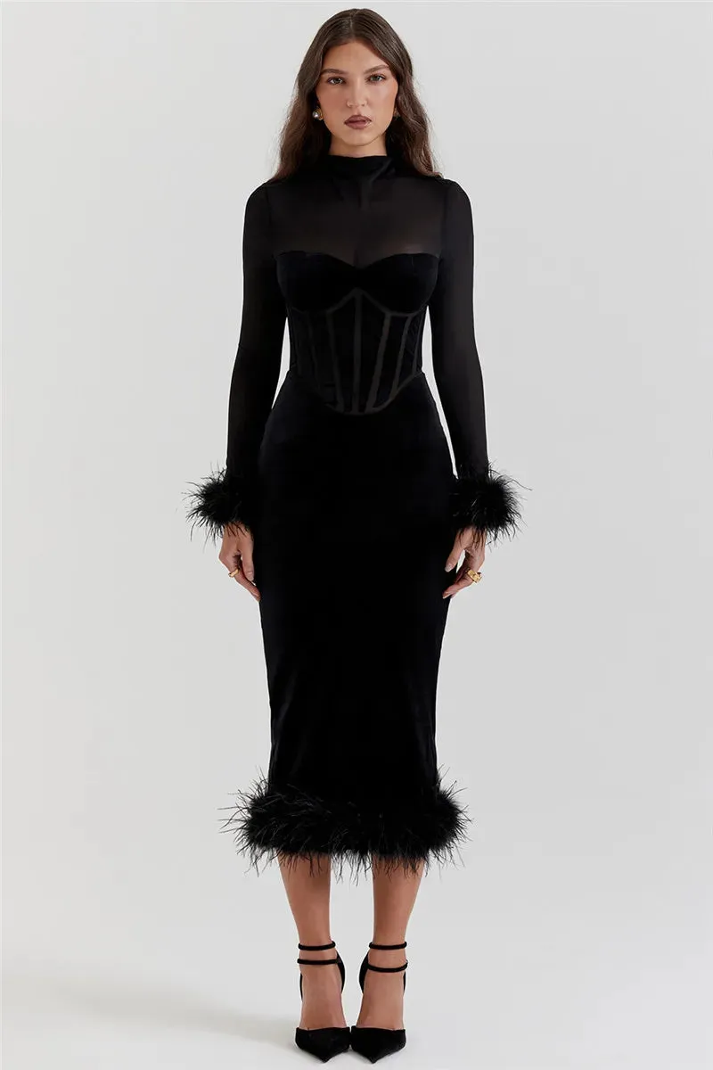 Trendy Velvet Midi Dress with Feather Hem for Holiday Parties