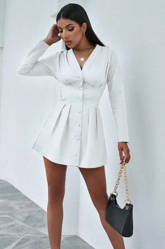 V-neck fold waist button shirt dress