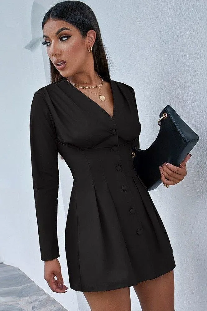 V-neck fold waist button shirt dress