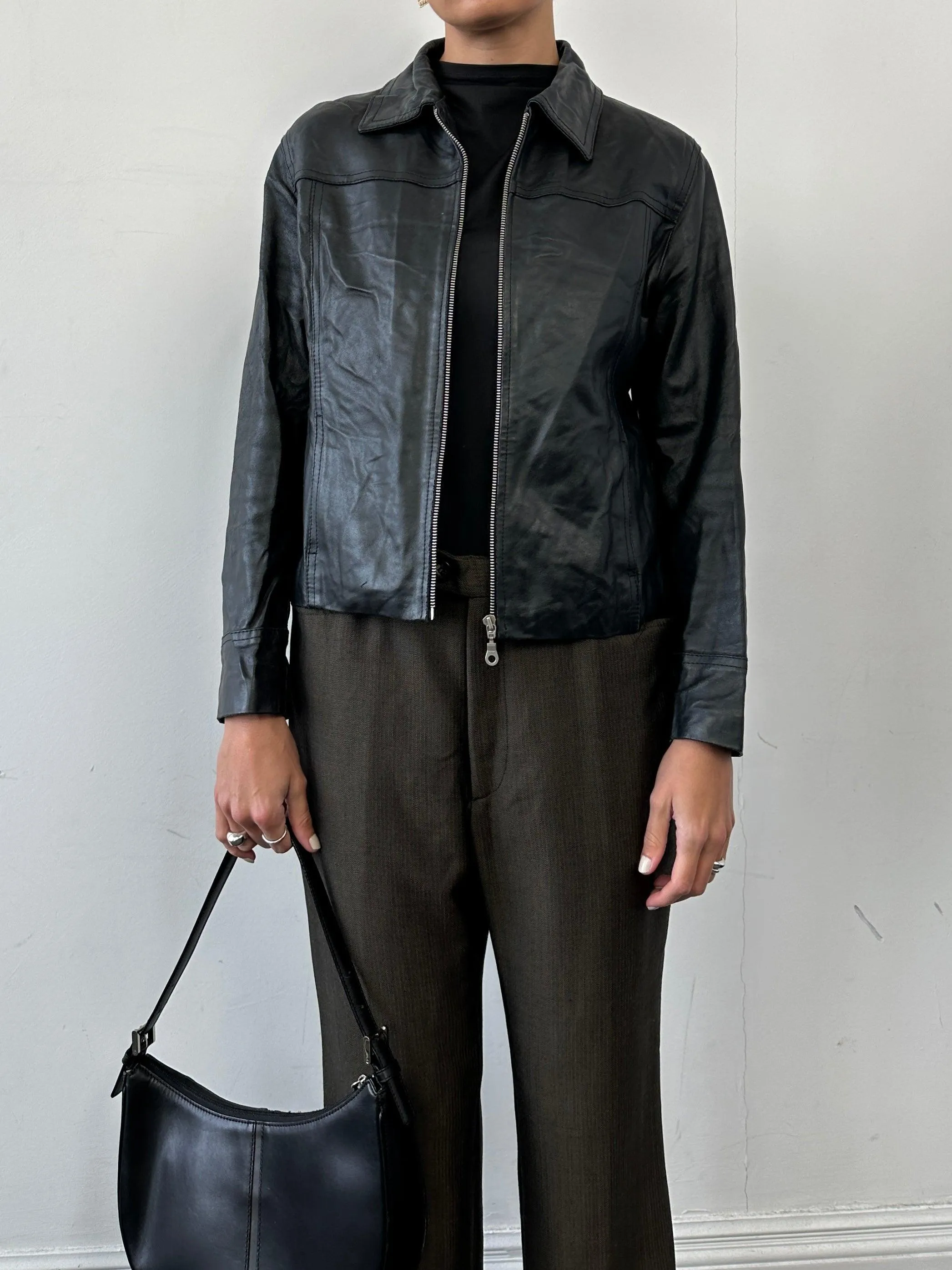 Vintage Minimal Zip Up Leather Jacket - S