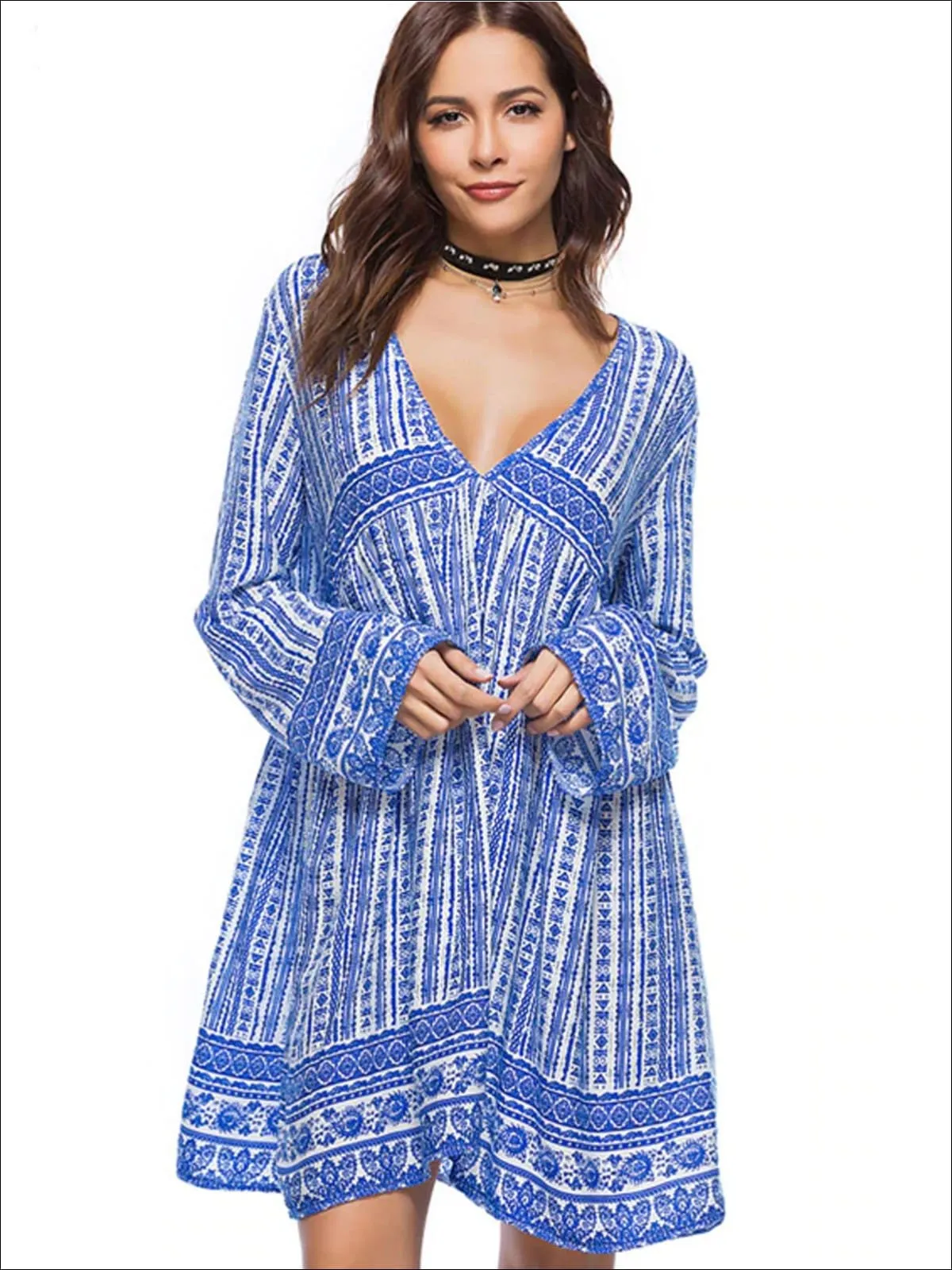 Women's Plunge Neckline Loose Boho Dress